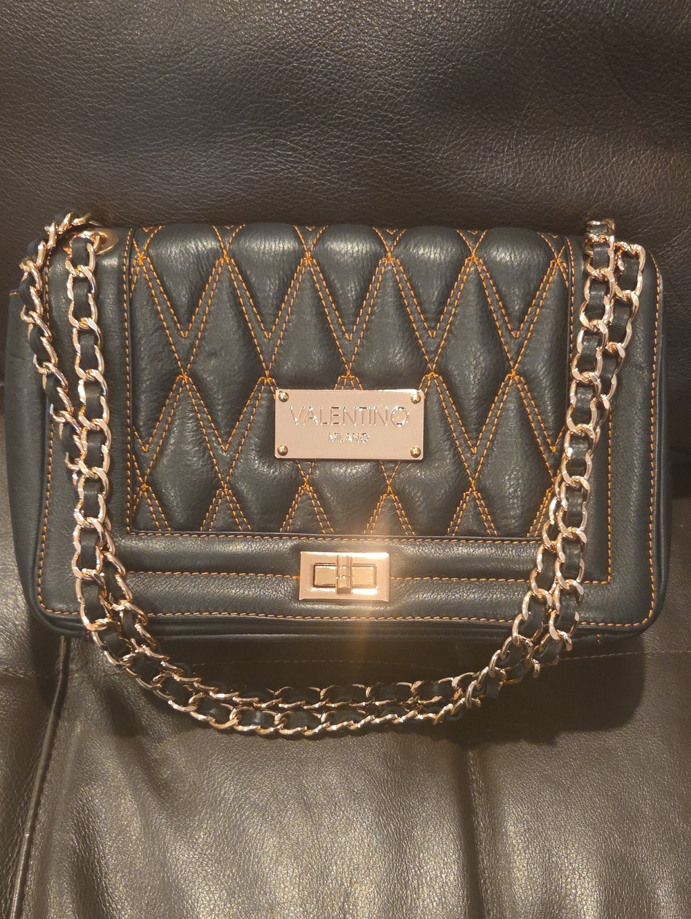 Valentino by Mario Valentino Milano Black Leather Chain Shoulder Bag